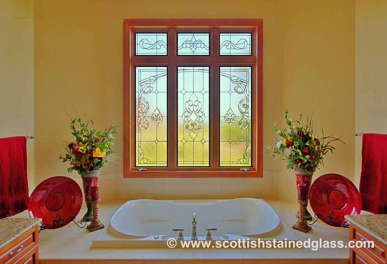 Vibrant stained glass bathroom interior with artistic privacy glass